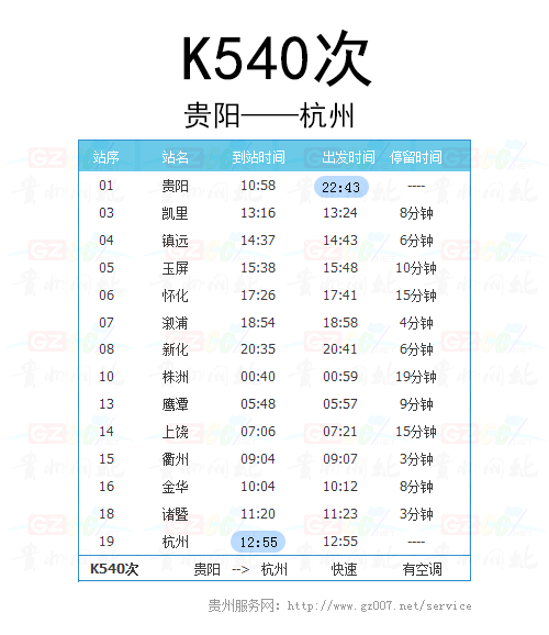 貴陽至杭州K540次列車時刻表