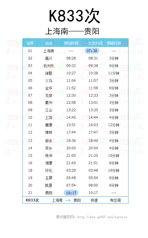 上海南至貴陽K833次列車時刻表