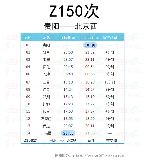 直特列車(chē)Z150次時(shí)刻表